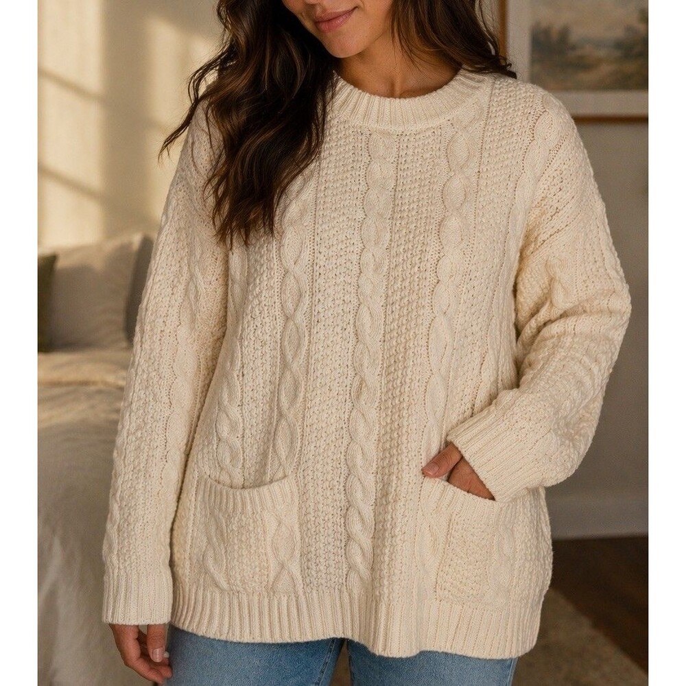 Jeanne Pierre Women’s XL Cream Cable Knit Sweater 100% Cotton Fisherman Pockets